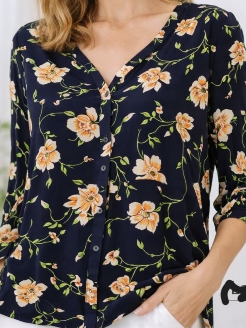 Cals Navy Floral Button-Front Blouse with Peach Flowers
